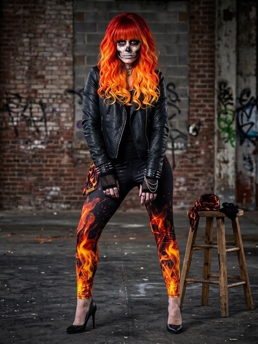 Fiery Skull Skeleton Biker Halloween Costume Set Wig Flame Leggings Accessories